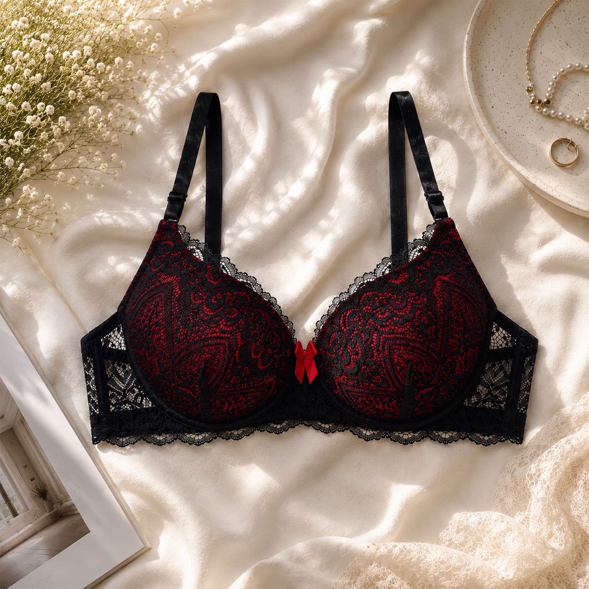 Women's Black & Berry Floral Lace Padded Underwired Bra with Comfortable Full Coverage