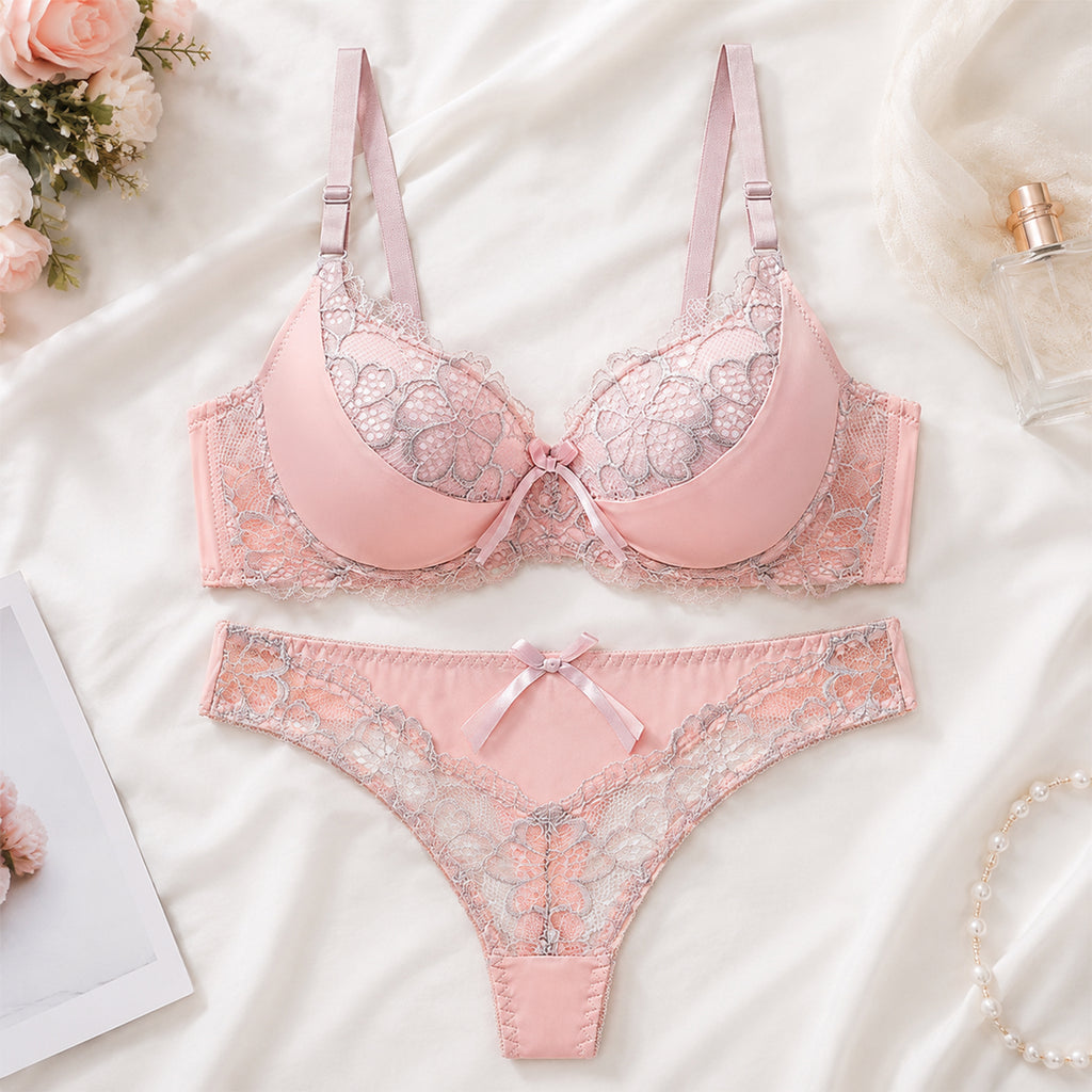 Women’s Floral Lace Underwired Padded Bra & Thong Lingerie Set – Baby Pink