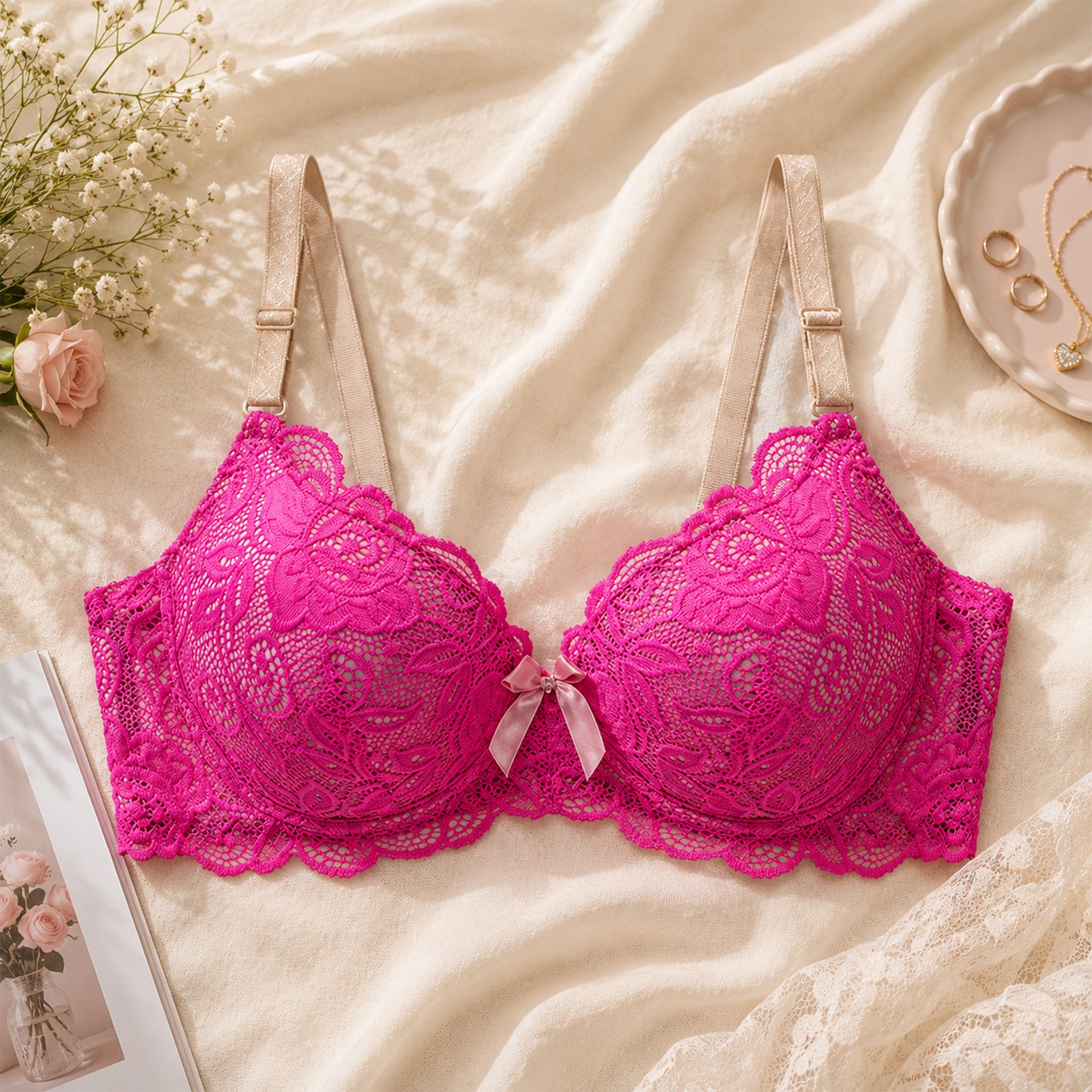 Women's White & Pink Floral Lace Heavy Padded Underwired Bra with Comfortable Full Coverage (Copy)