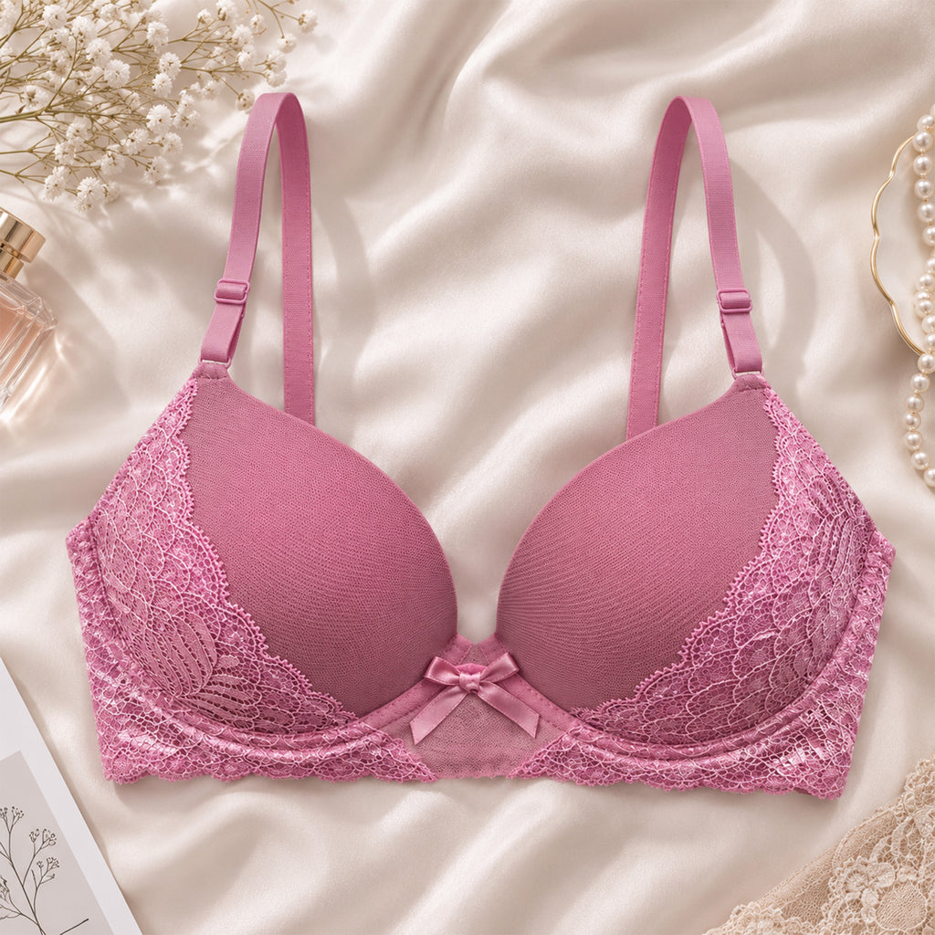 Women's Premium Pink Self-Design Floral Lace Underwired Heavily Padded Medium Coverage Bra with Adjustable Straps