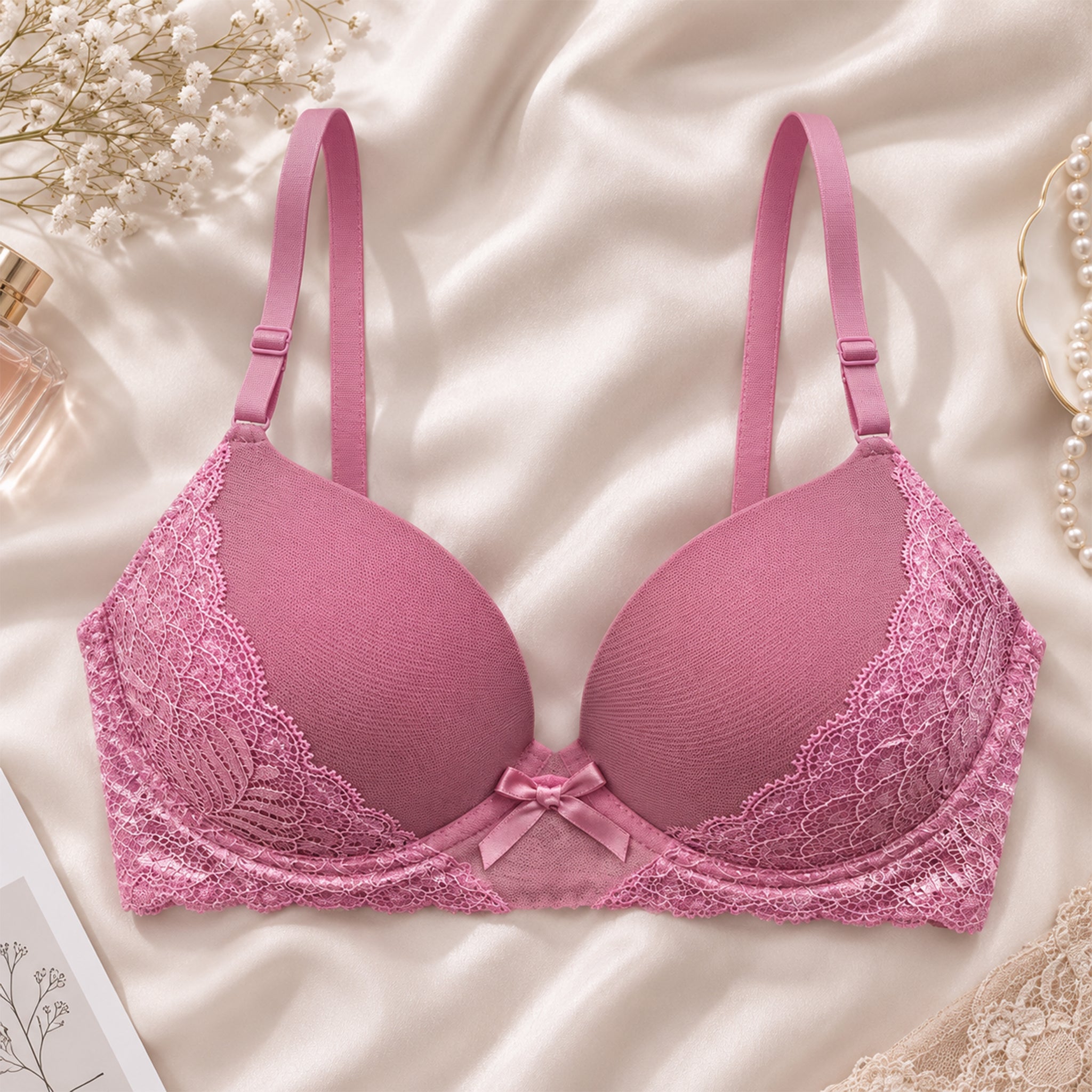 Women's Premium Pink Self-Design Floral Lace Underwired Heavily Padded Medium Coverage Bra with Adjustable Straps