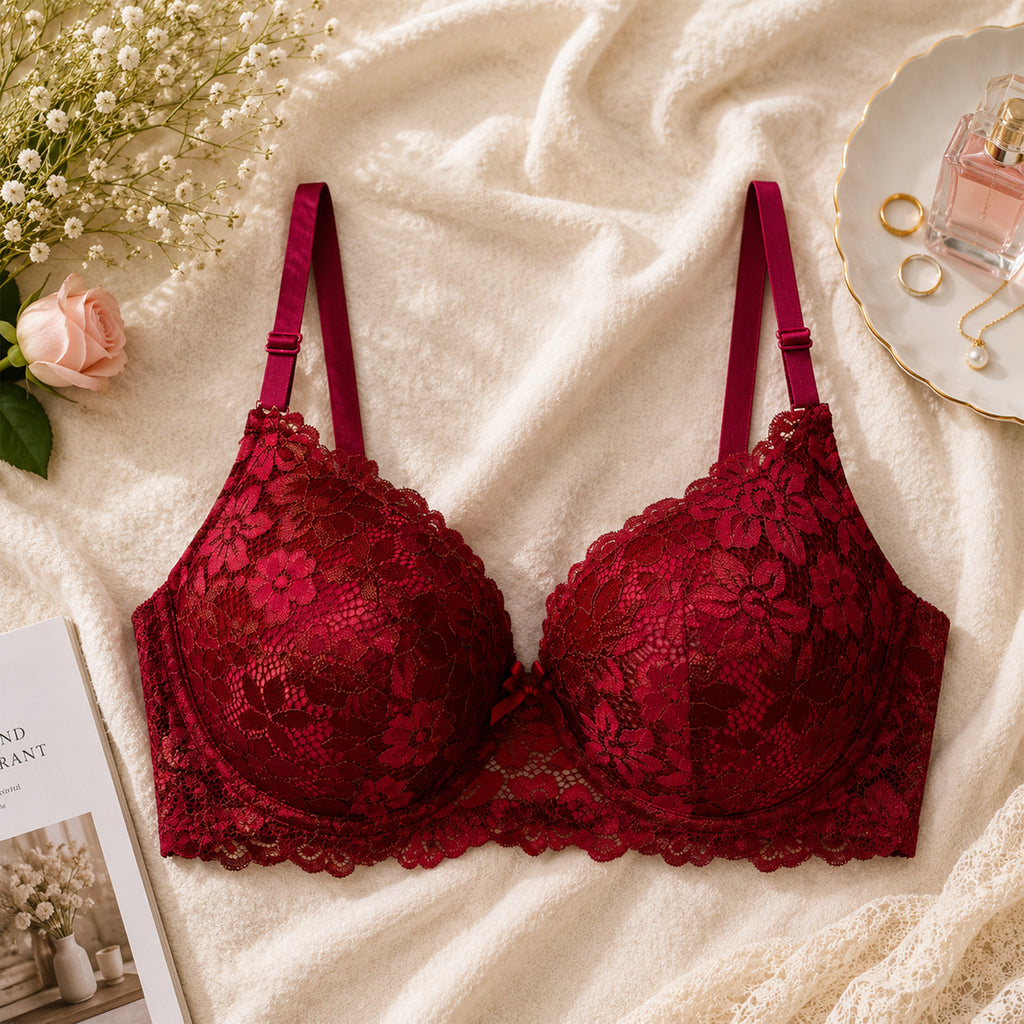 Women's Red Flower Lace Padded Underwired Bra with Comfortable Full Coverage