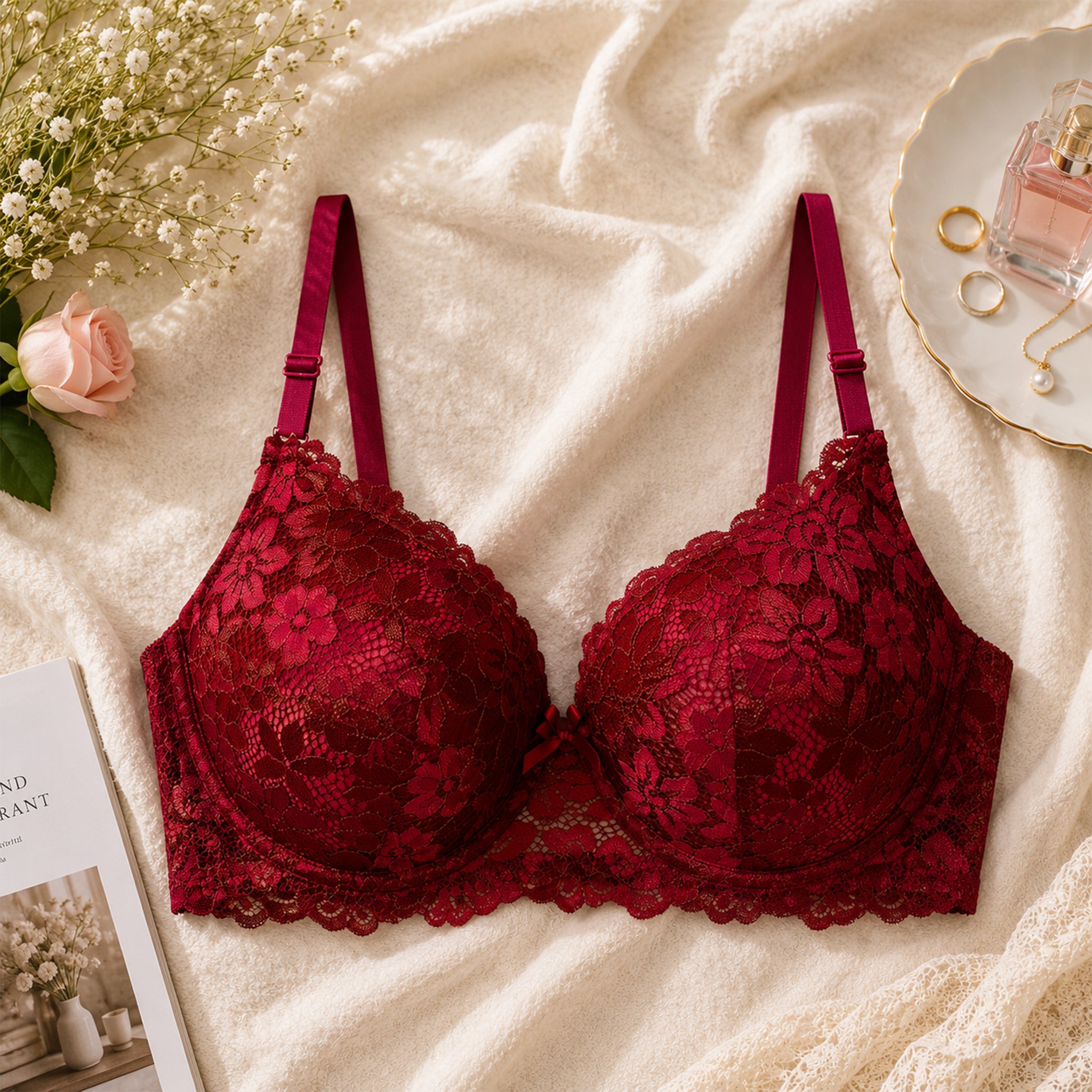 Women's Red Flower Lace Padded Underwired Bra with Comfortable Full Coverage