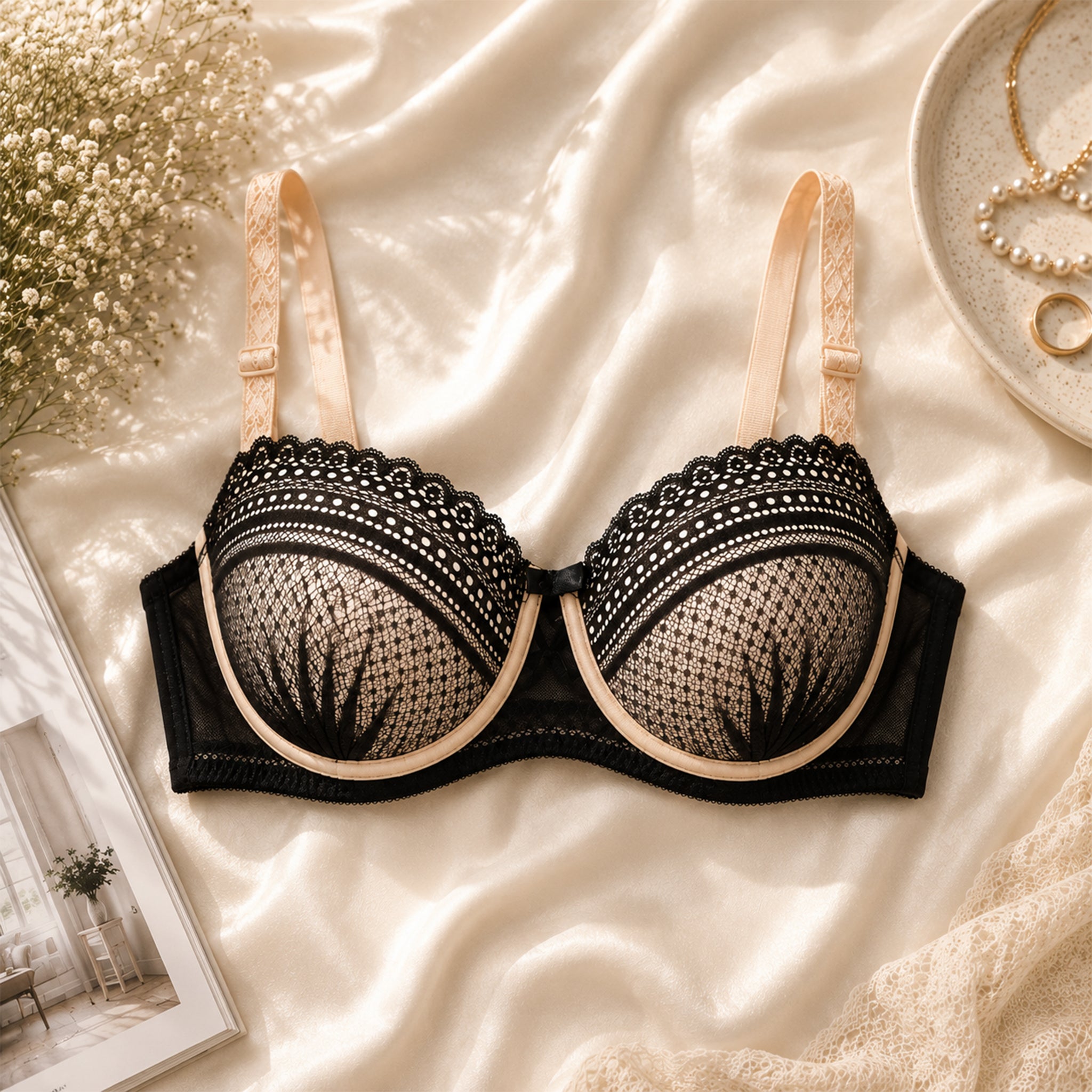 Women's Black & Biege Lace Padded Underwired Bra with Comfortable Full Coverage