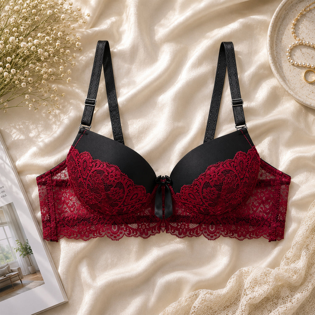 Women's Black & Red Floral Lace Padded Underwired Bra with Comfortable Full Coverage