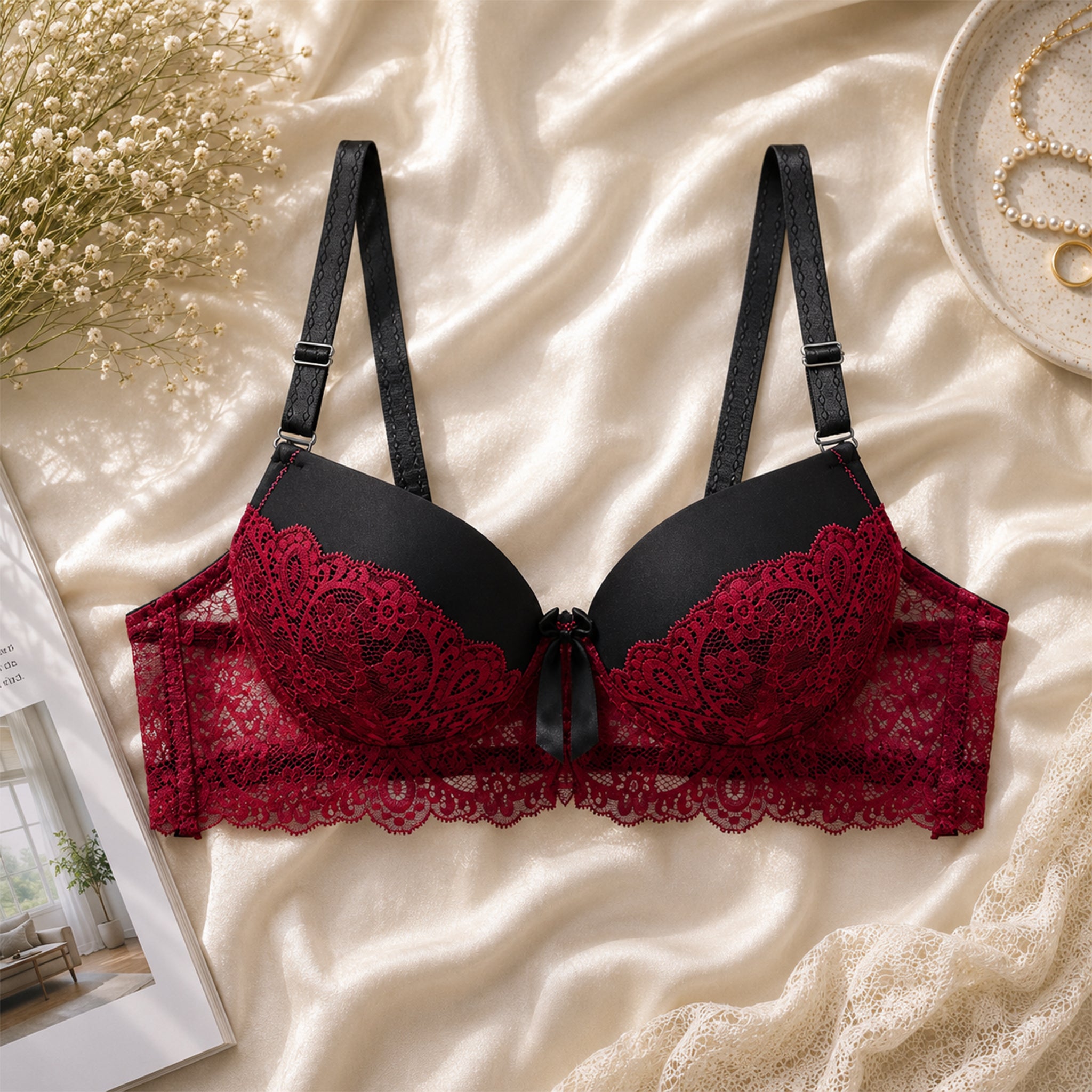 Women's Black & Red Floral Lace Padded Underwired Bra with Comfortable Full Coverage