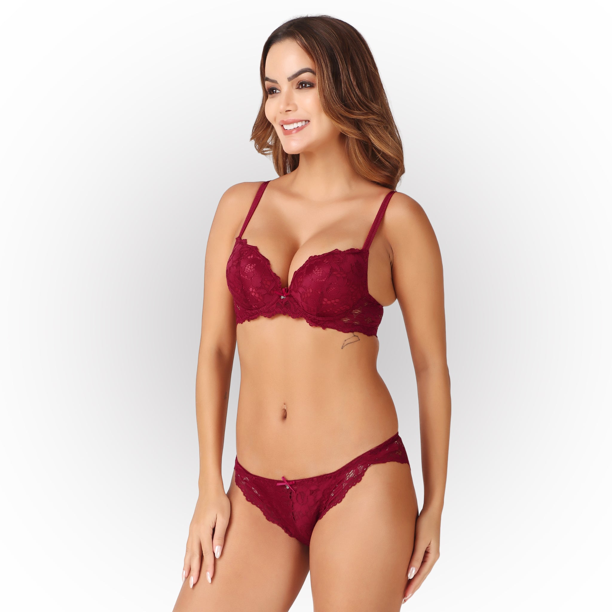 Women's Burgundy Floral Lace Padded Underwired Bra & Panty Lingerie Set