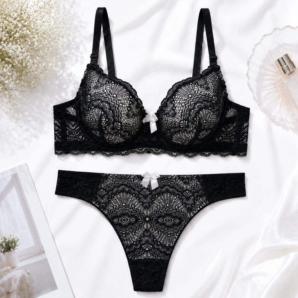 Women’s Self Design Lace Underwired Bra & Bikini Panty Lingerie Set –  Black & White