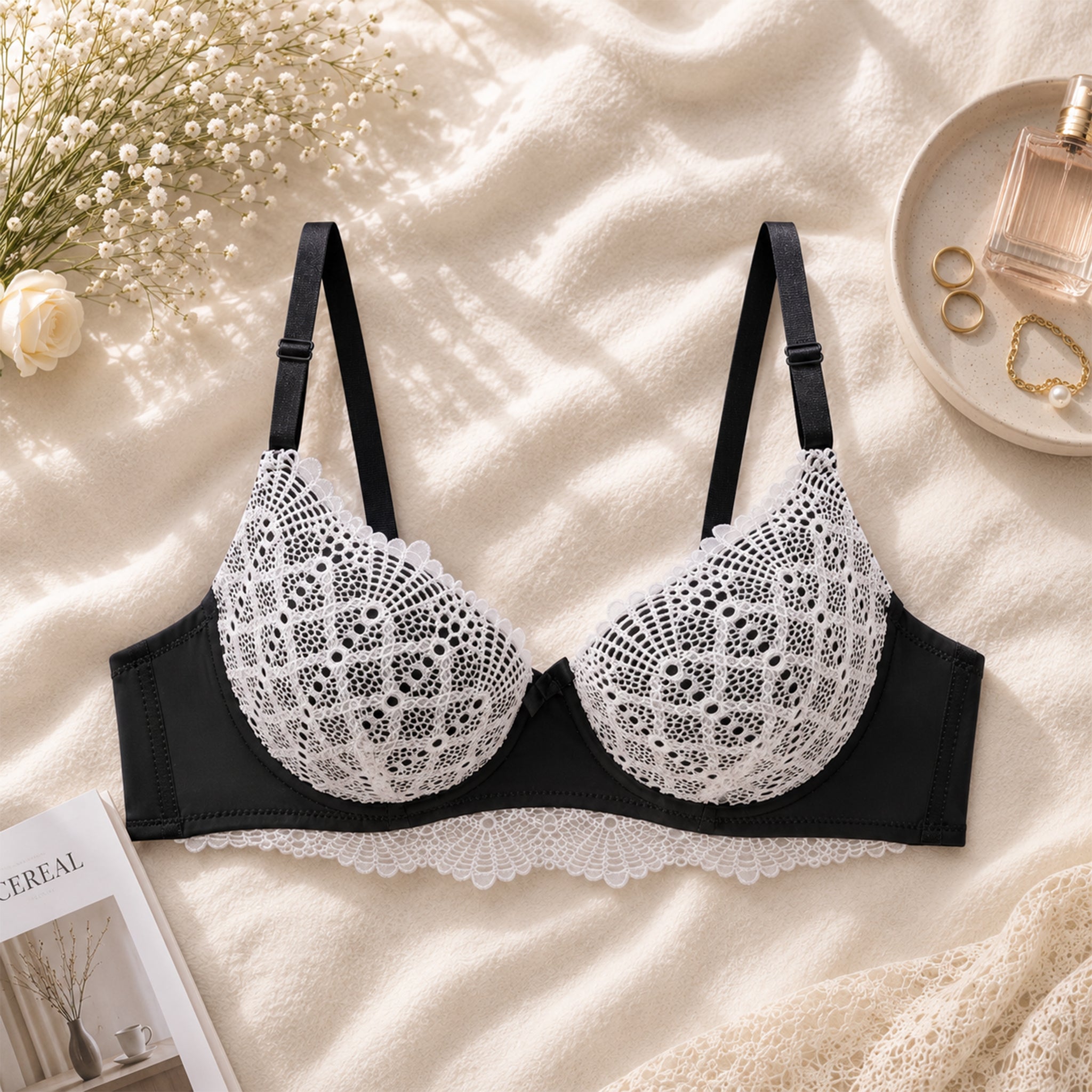 Women's Black & White Floral Lace Padded Underwired Bra with Comfortable Full Coverage