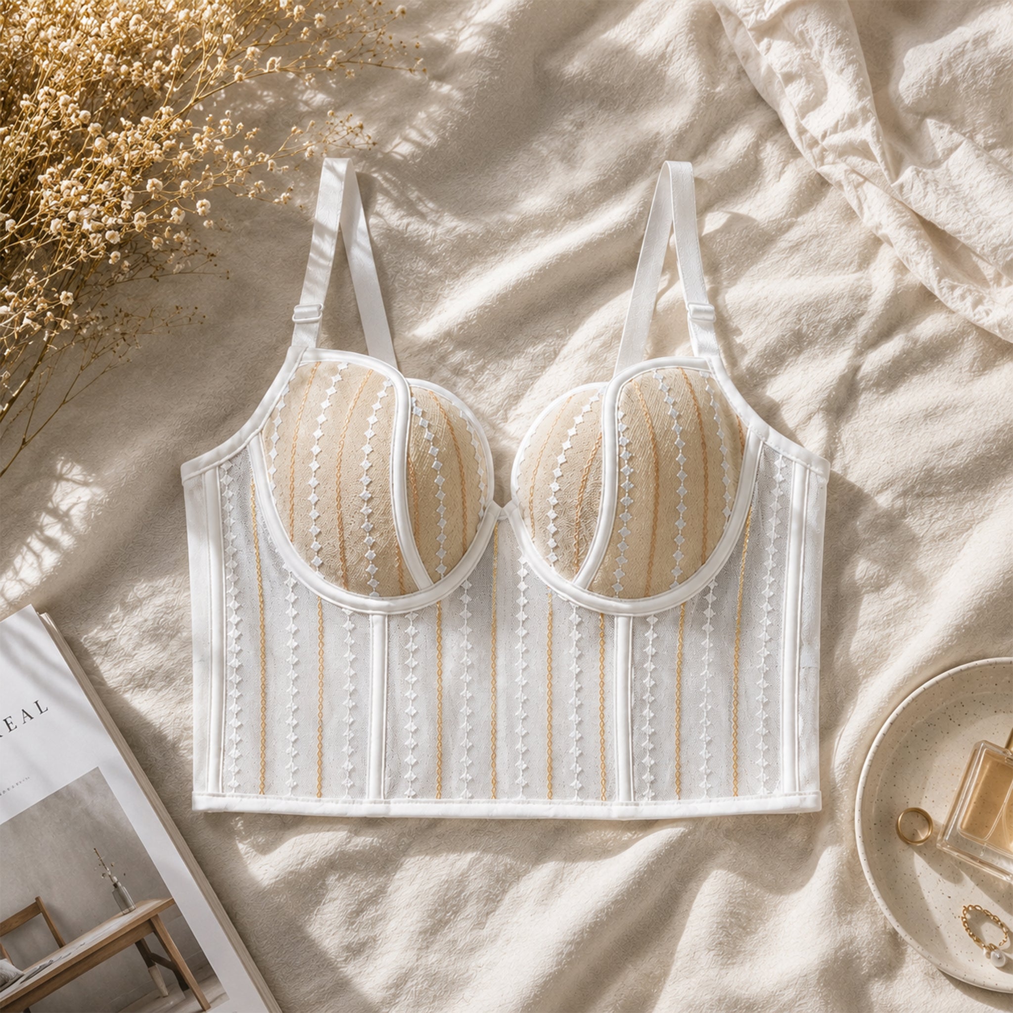 Women's Fashion White Sheer Mesh Underwired Bustier Bralette with Elegant Lace Design