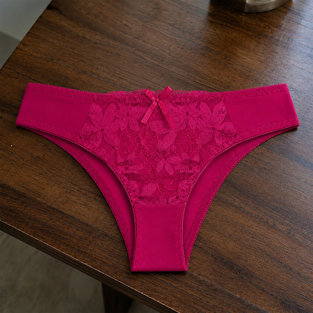 Women's Floral Lace Thong Panty – Soft Stretch, Breathable & Comfortable Everyday Wear - Dark Pink