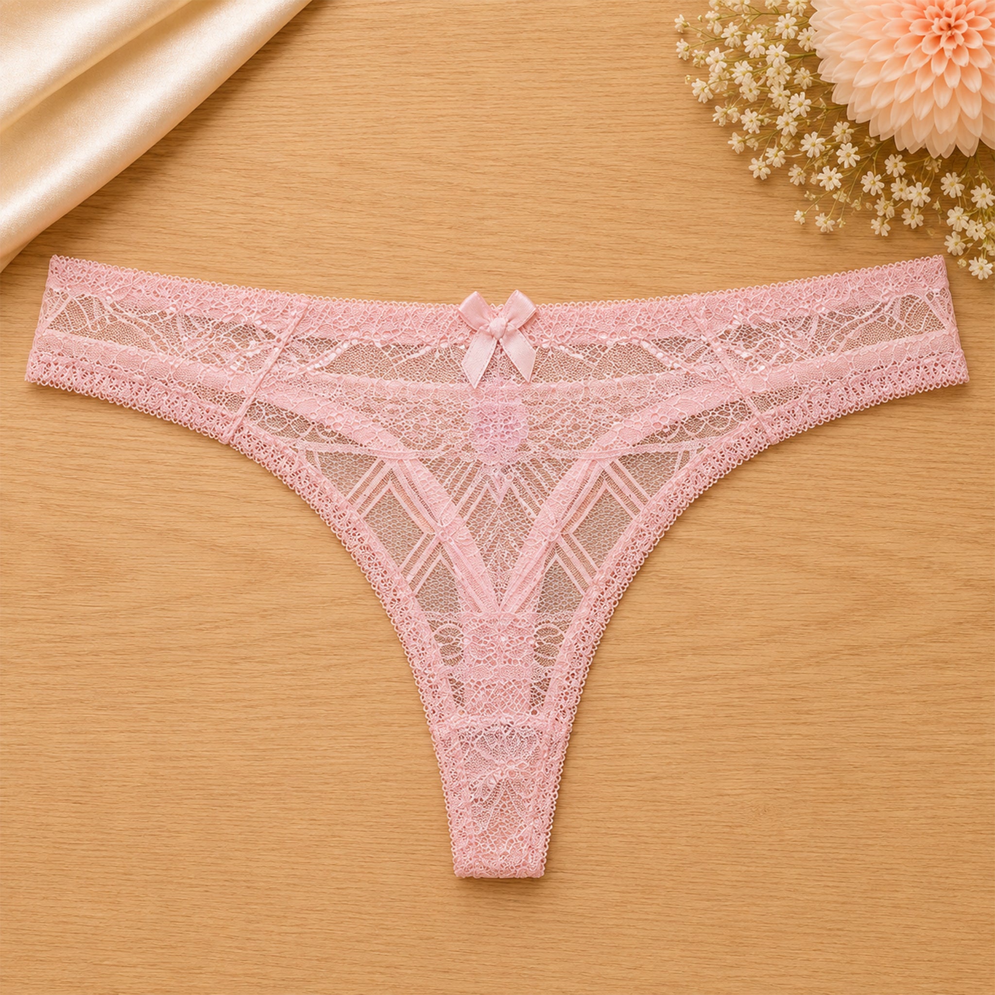 Women's Floral Lace Thong Panty – Soft Stretch, Breathable & Comfortable Everyday Wear - Pink