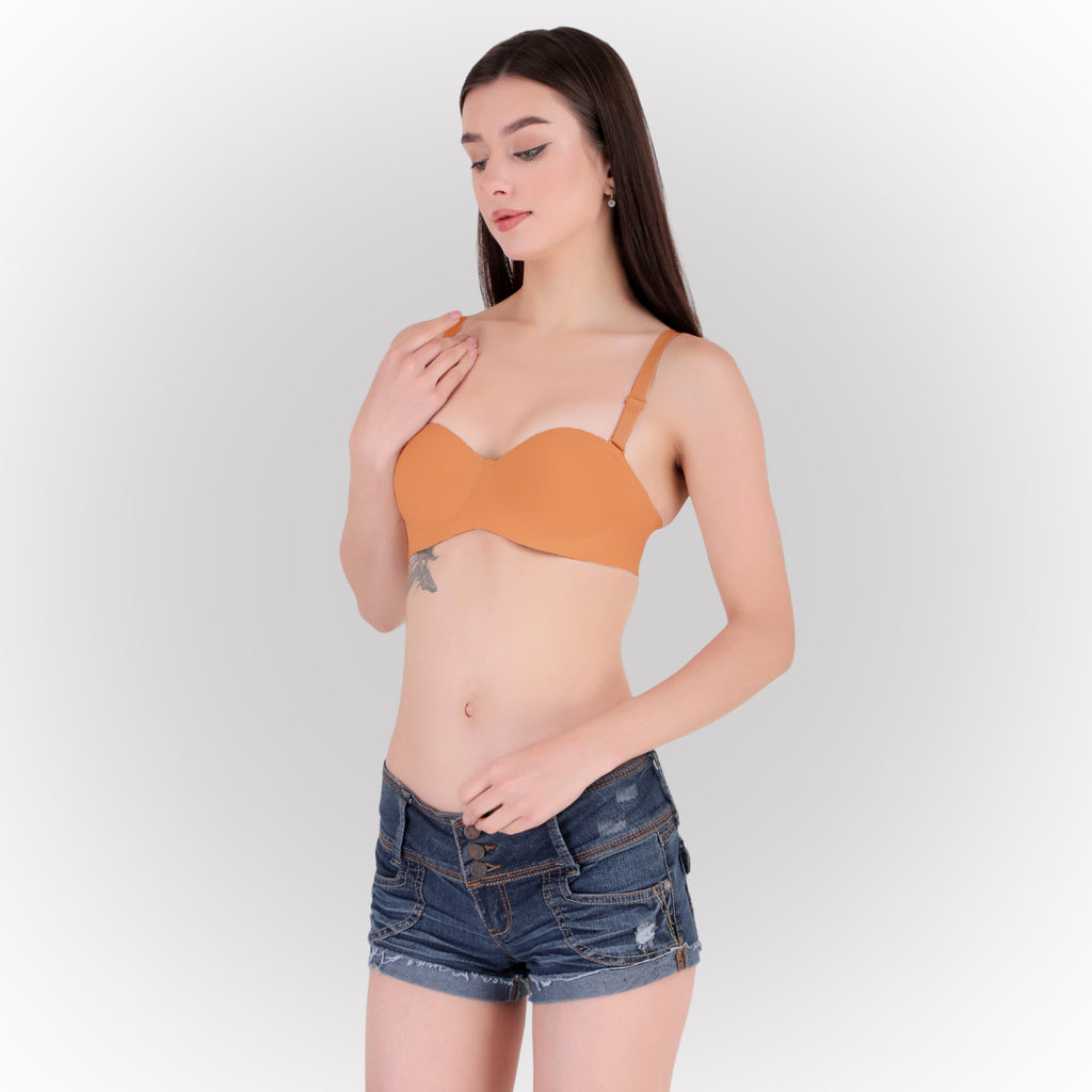 Women's Orange Seamless Push-Up Padded Strapless Multiway Bra