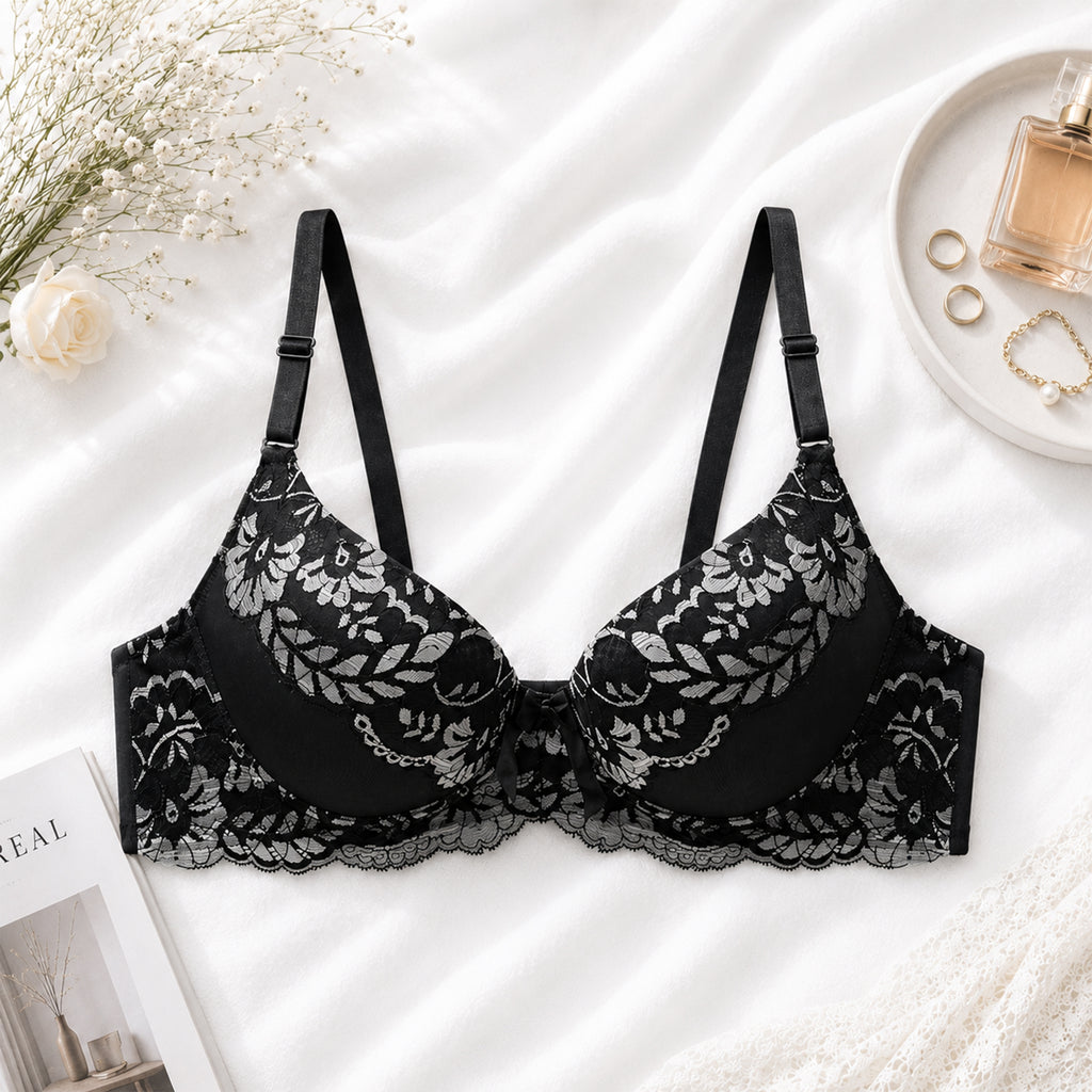 Women's Black & Silver Floral Lace Padded Underwired Bra with Comfortable Full Coverage