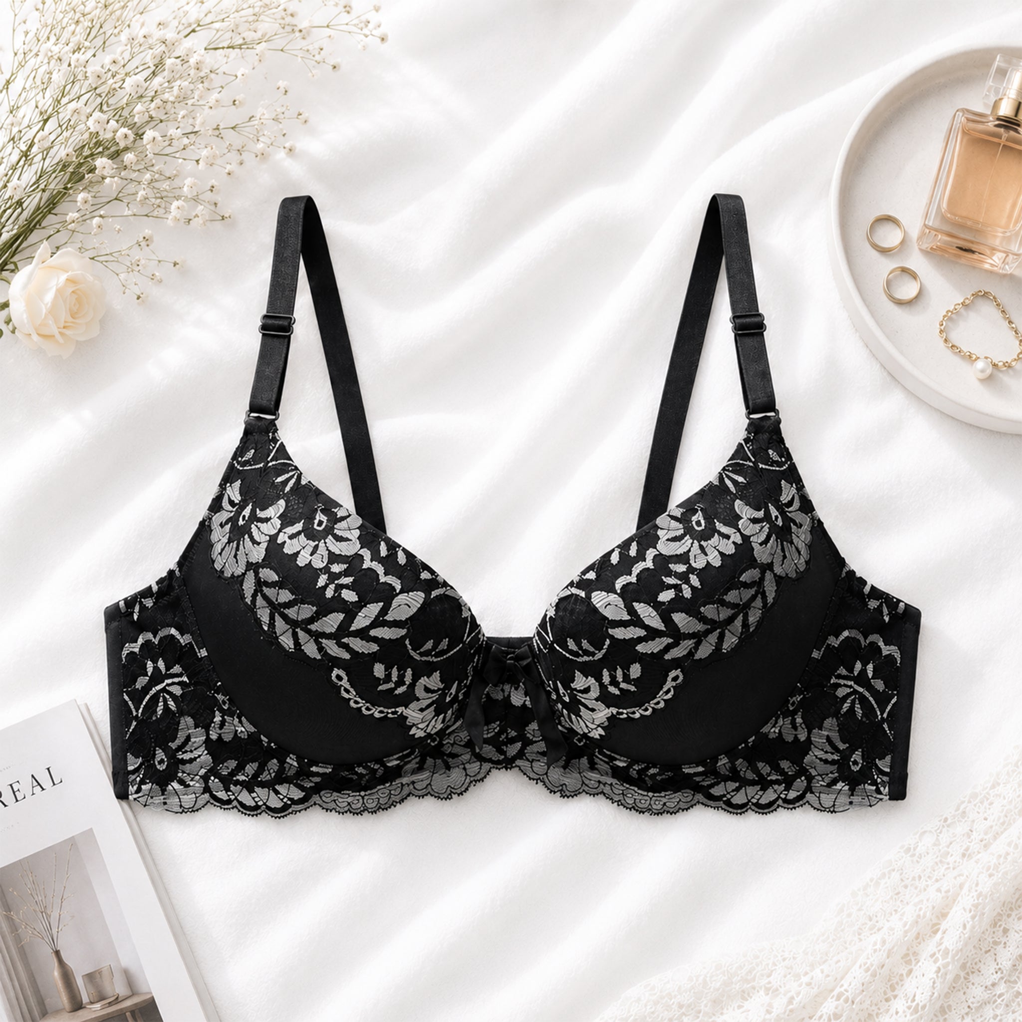 Women's Black & Silver Floral Lace Padded Underwired Bra with Comfortable Full Coverage
