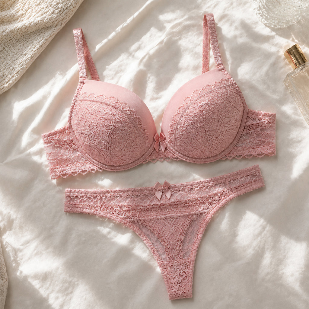 Women’s Full Coverage Heavily Padded Underwired Bra & Thong Lingerie Set – Baby Pink