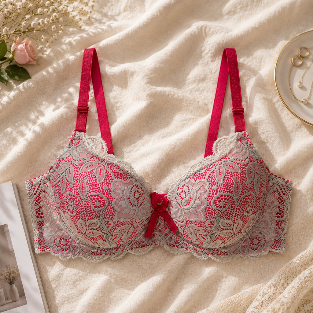 Women's White & Red Floral Lace Heavy Padded Underwired Bra with Comfortable Full Coverage