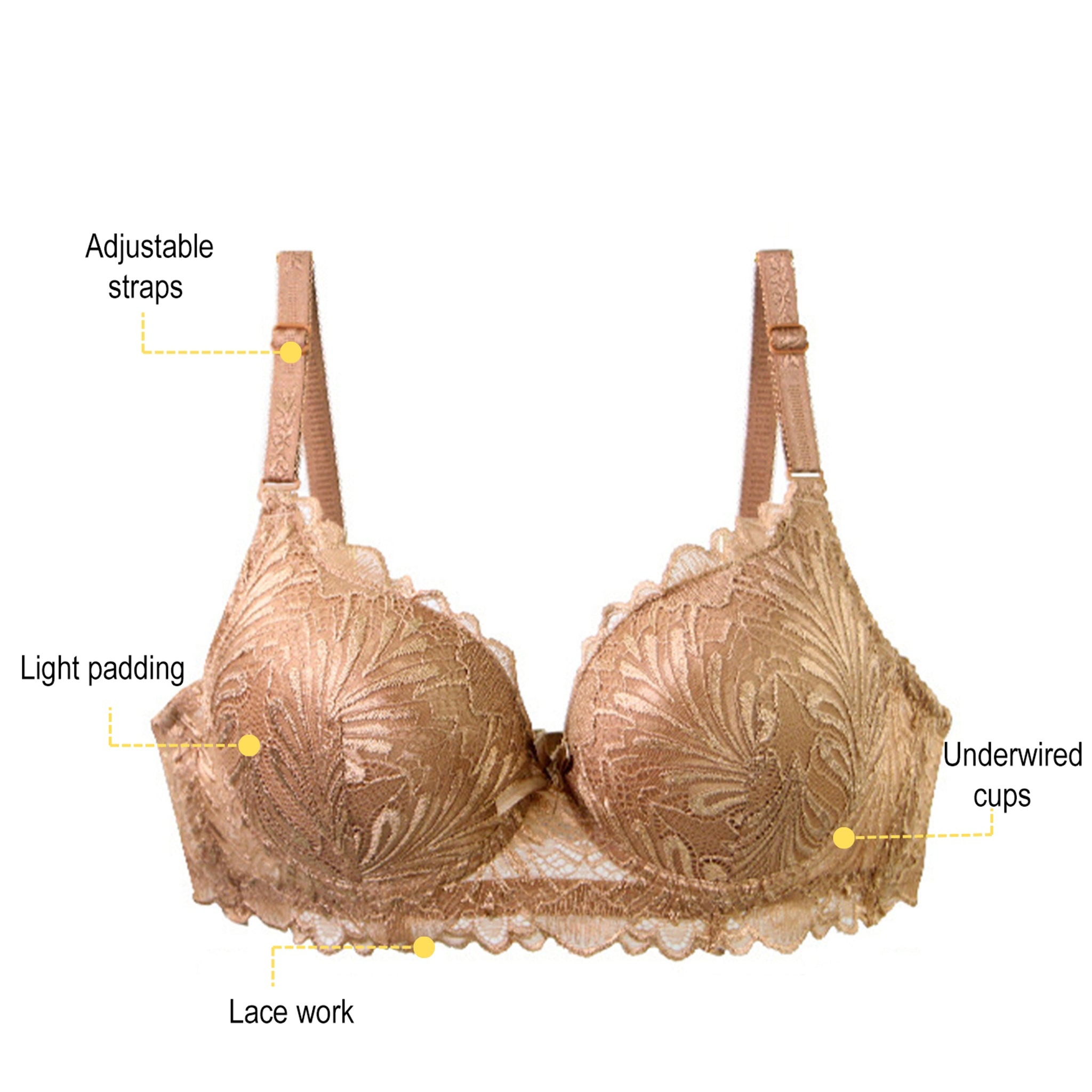 Women's Coffee Brown Floral Lace Lightly Padded Underwired Bra & Panty Lingerie Set