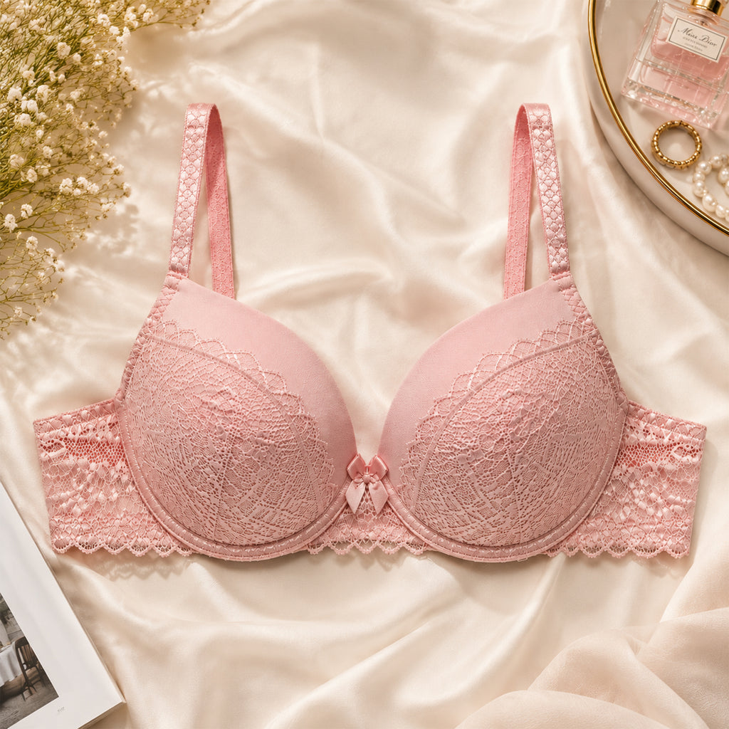 Women's Pink Floral Lace Padded Underwired Bra with Comfortable Full Coverage