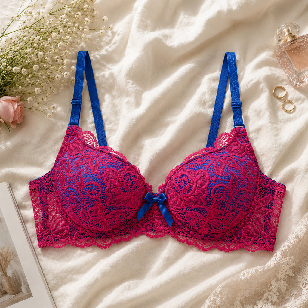 Women's Red & Blue Floral Lace Heavy Padded Underwired Bra with Comfortable Full Coverage (Copy) (Copy)