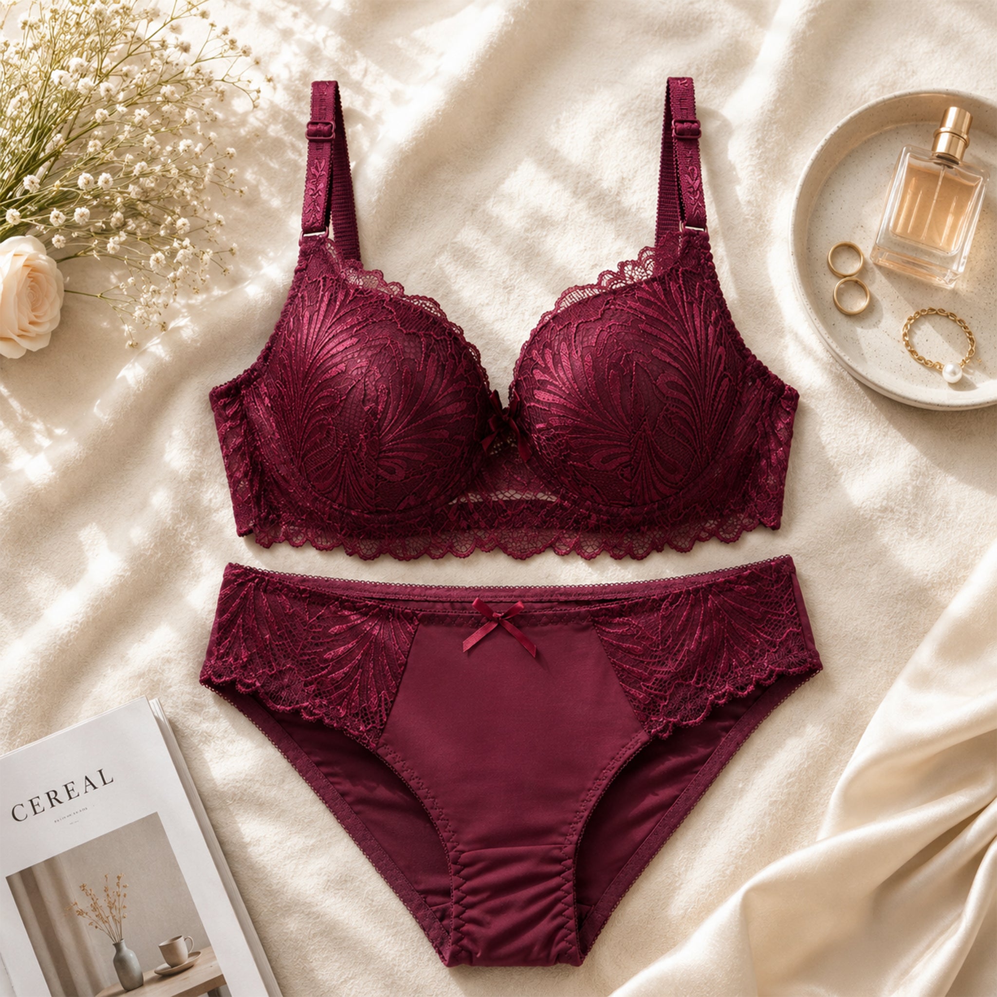 Women's Burgundy Floral Lace Lightly Padded Underwired Bra & Panty Lingerie Set