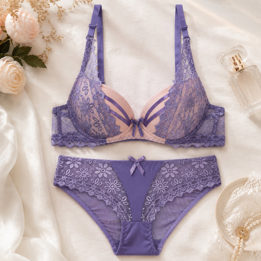 Women's Dusty Purple & Blush Pink Floral Lace Padded Bra & Bikini Panty Lingerie Set