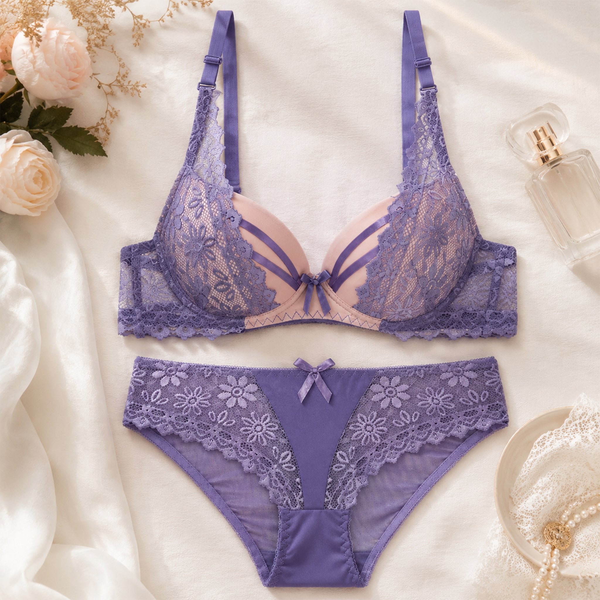 Women's Dusty Purple & Blush Pink Floral Lace Padded Bra & Bikini Panty Lingerie Set