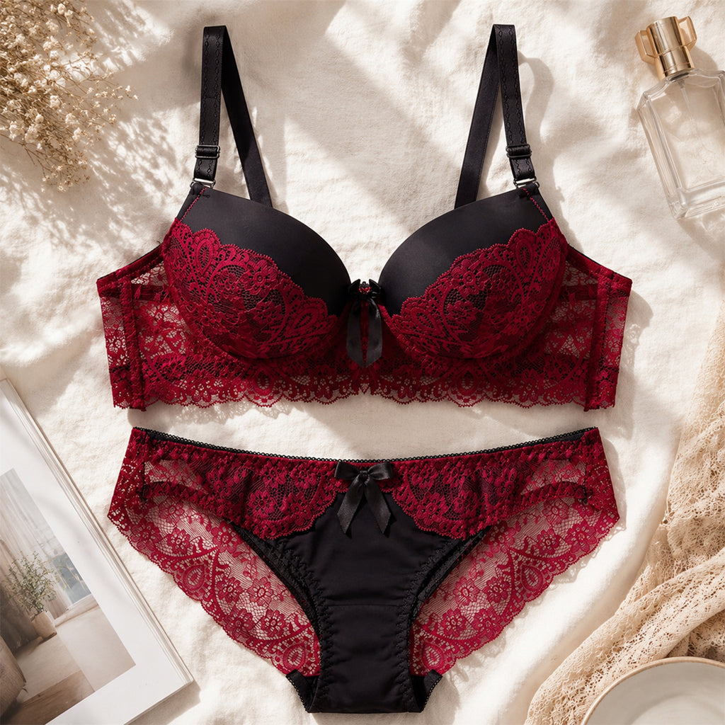 Women’s Lace Underwired Padded Bra & High-Cut Panty Lingerie Set – Red & Black