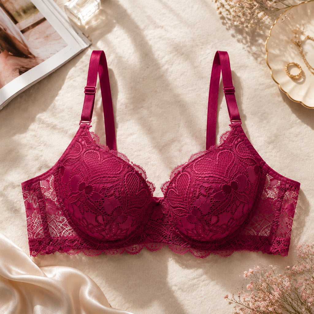 Women's Deep Rose Floral Lace Padded Underwired Bra with Comfortable Full Coverage