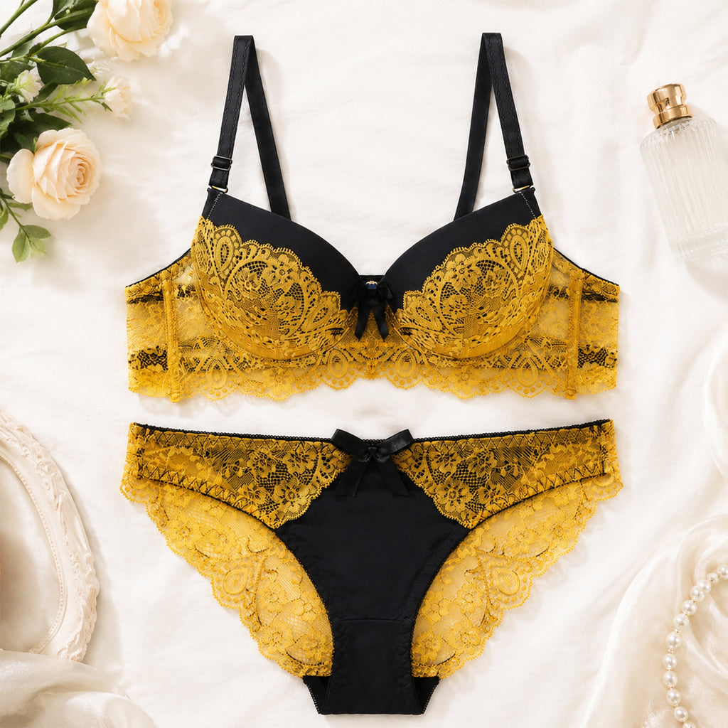 Women's Black & Yellow Floral Lace Lightly Padded Underwired Bra & Mid-Rise Panty Lingerie Set