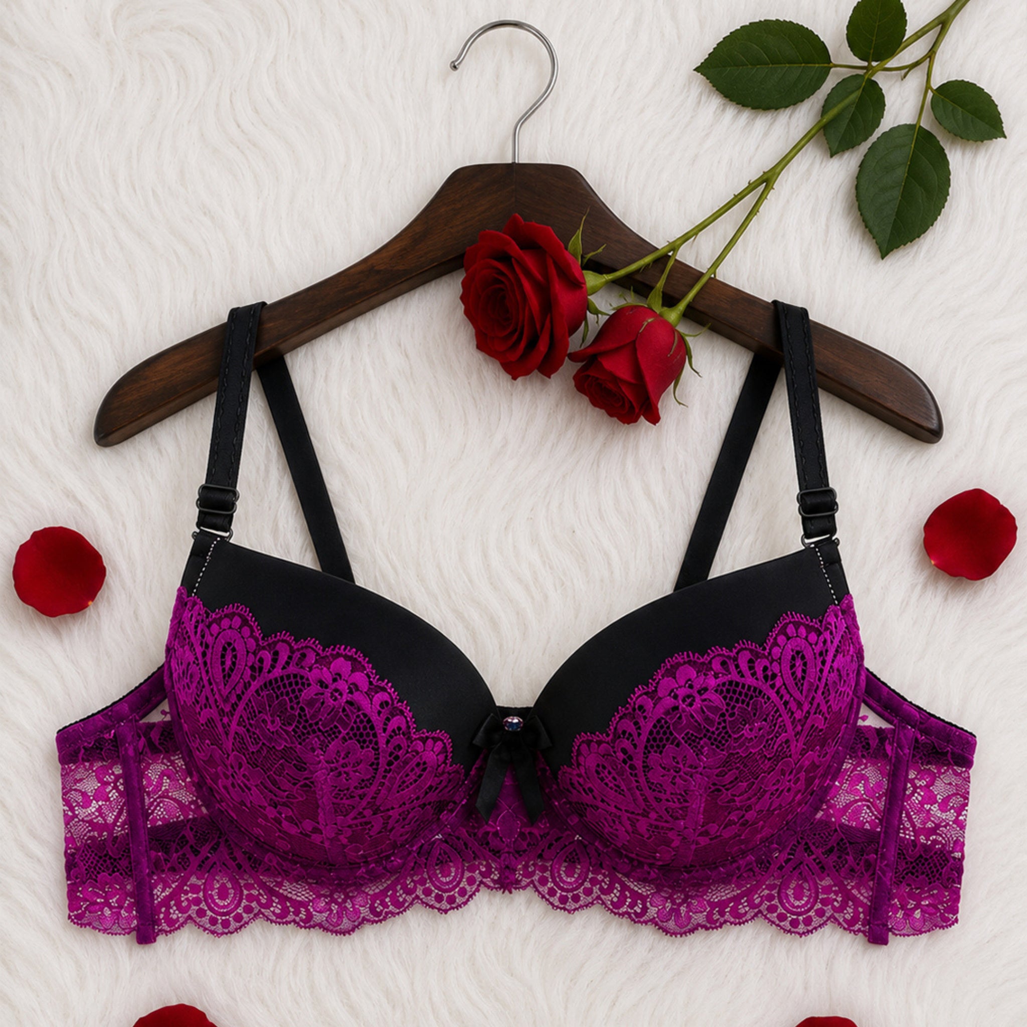 Women's Black & Purple Floral Lace Padded Underwired Bra with Comfortable Full Coverage