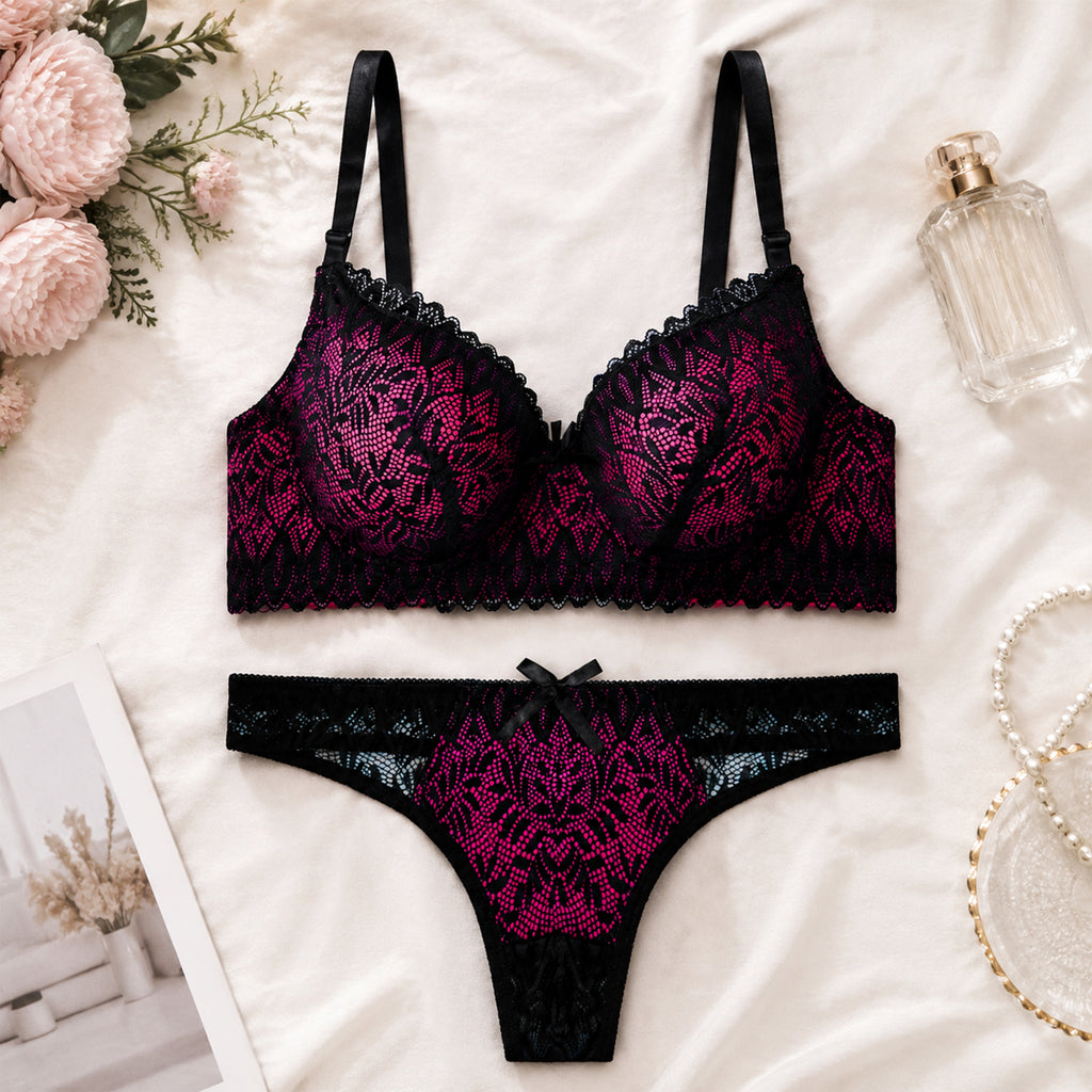 Women's Pink & Black Floral Lace Padded Underwired Bra & Thong Lingerie Set