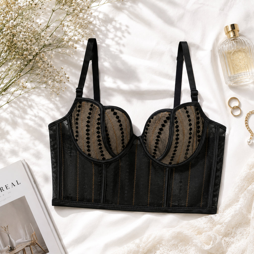 Women's Fashion Black Sheer Mesh Underwired Bustier Bralette with Elegant Lace Design