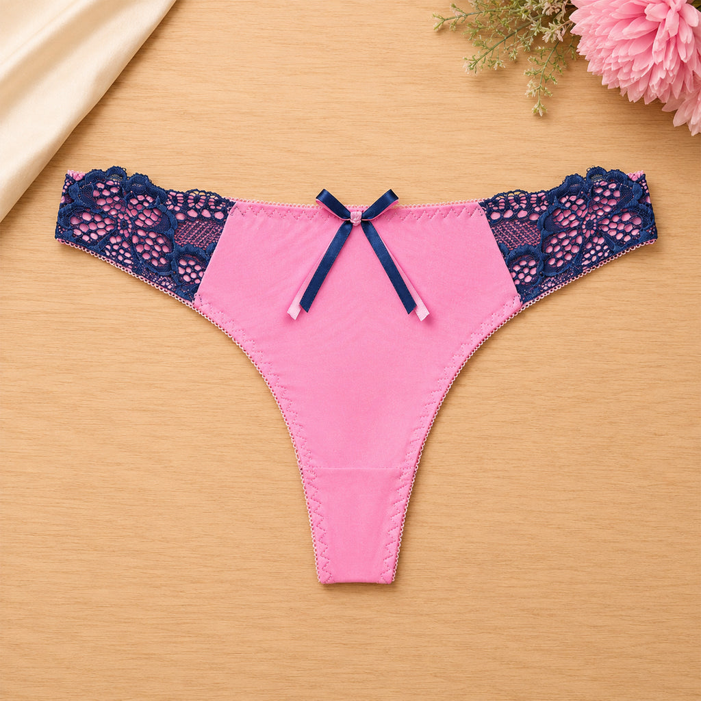 Women's Floral Lace Thong Panty – Soft Stretch, Breathable & Comfortable Everyday Wear - Pink Light Blue