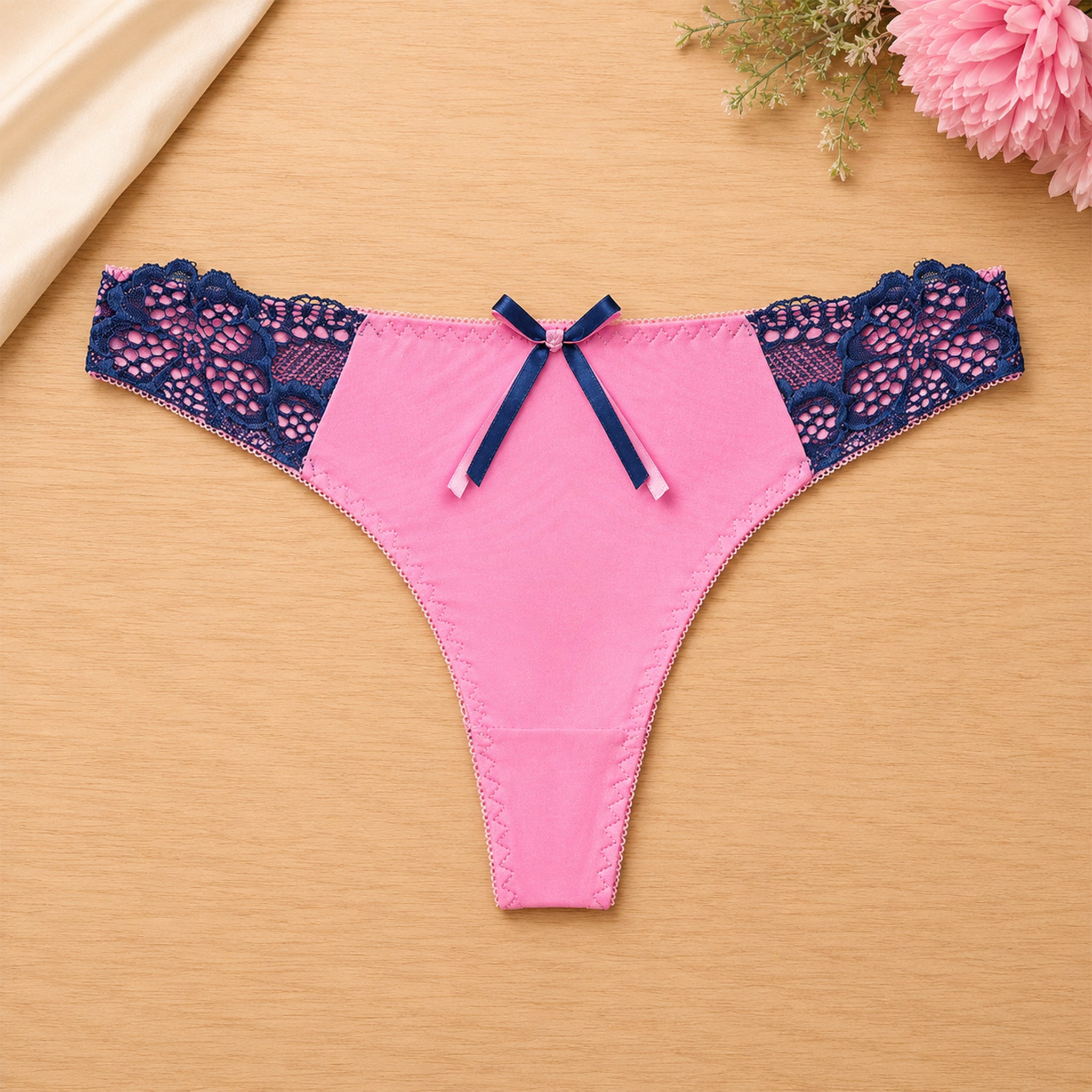 Women's Floral Lace Thong Panty – Soft Stretch, Breathable & Comfortable Everyday Wear - Pink Light Blue
