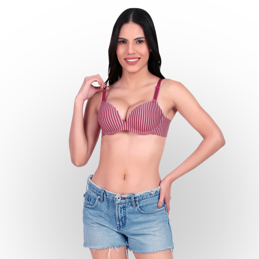 Women's Textured Check Pattern Push-Up Padded Underwired Bra - Maroon White Check