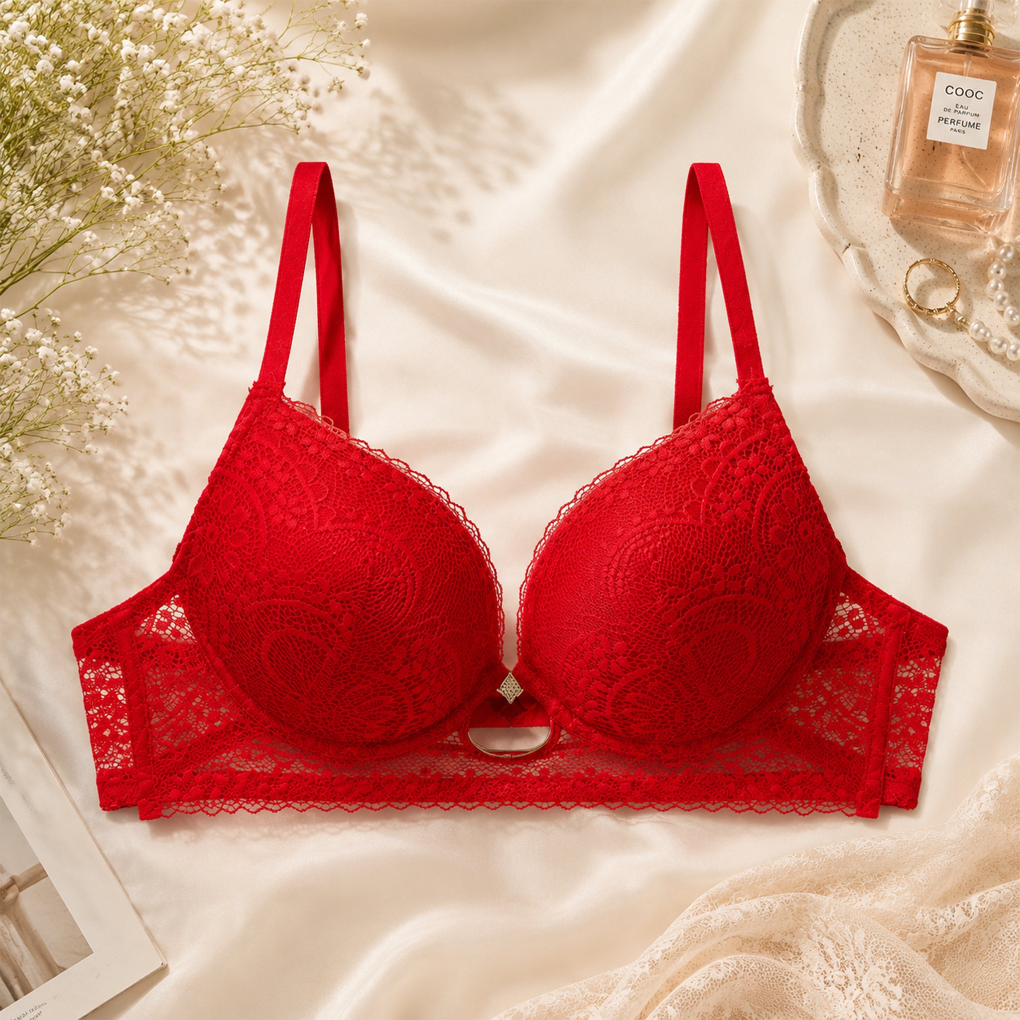 Women's Red Floral Lace Padded Underwired Bra with Comfortable Full Coverage
