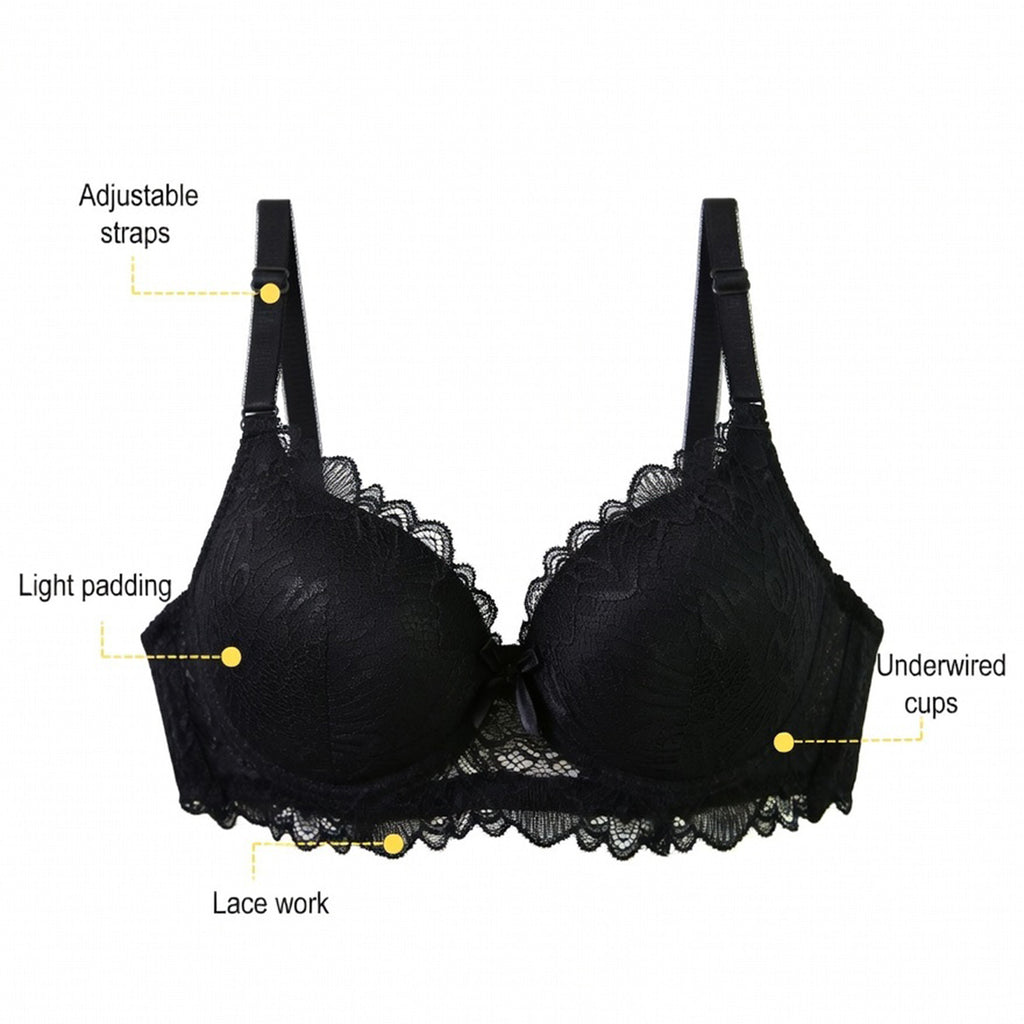 Women's Black Floral Lace Lightly Padded Underwired Bra & Panty Lingerie Set
