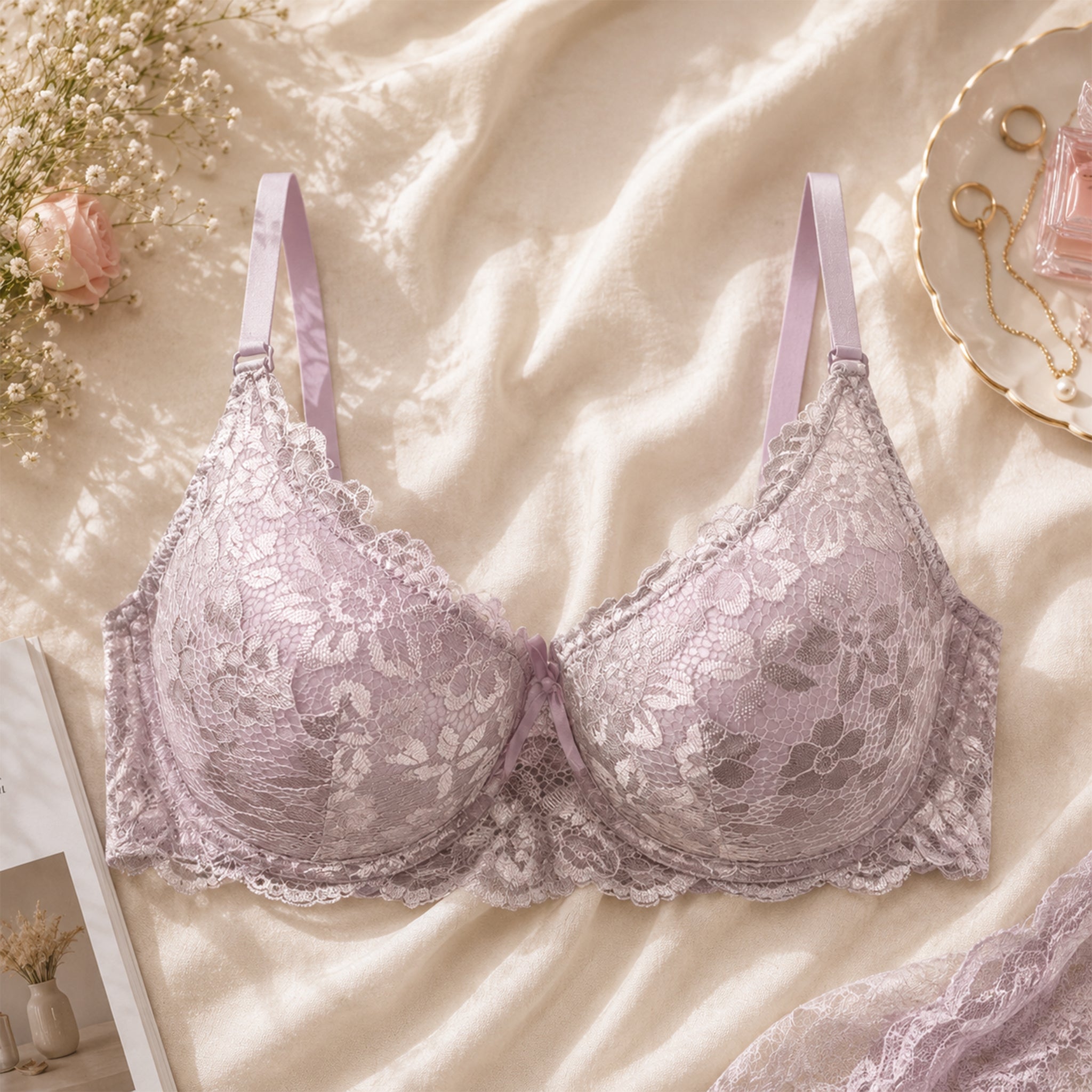Women's Lavender Floral Lace Padded Underwired Bra with Comfortable Full Coverage