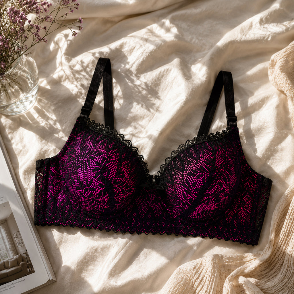 Women's Pink & Black Lace Padded Underwired Bra with Comfortable Full Coverage