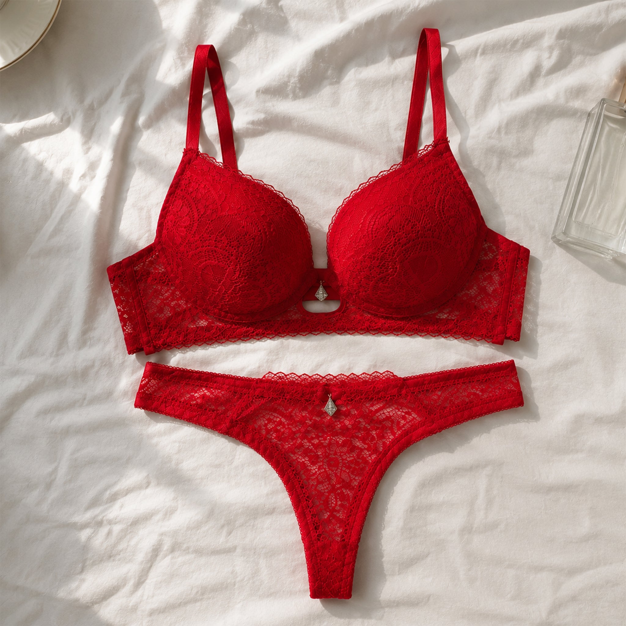 Women’s Full Coverage Heavily Padded Push-Up Bra & Panty Lingerie Set – Red