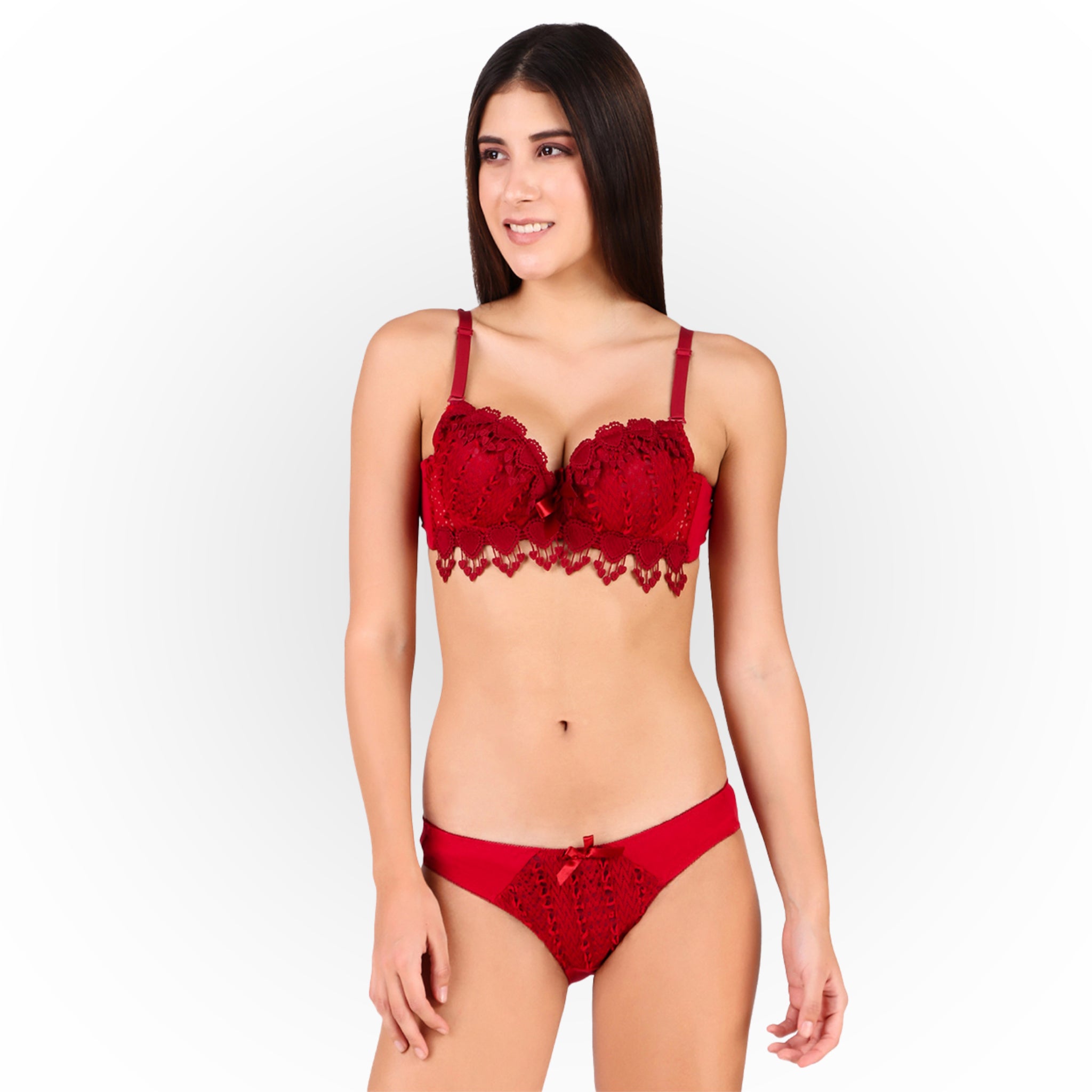 Women's Maroon Floral Lace Lightly Padded Bralette & Matching Panty Lingerie Set