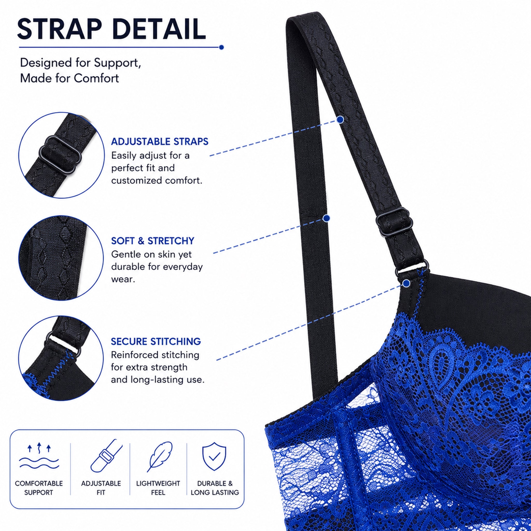 Women’s Lace Underwired Padded Bra & High-Cut Panty Lingerie Set – Blue & Black