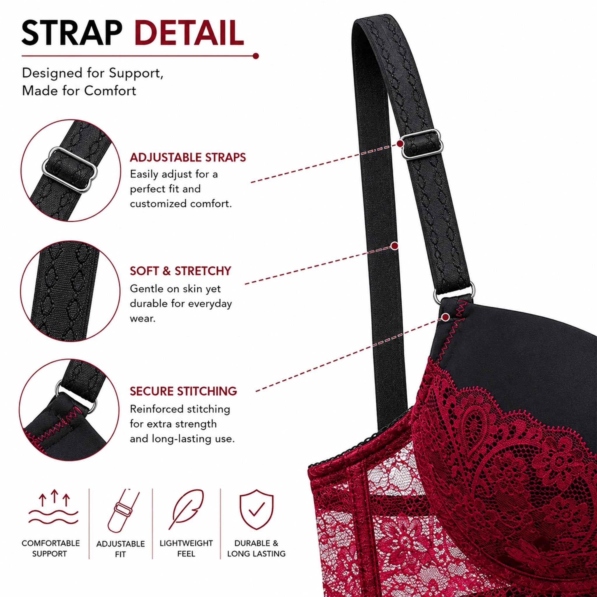Women's Black & Red Floral Lace Padded Underwired Bra with Comfortable Full Coverage
