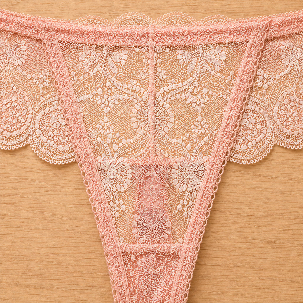 Women's Floral Lace Thong Panty – Soft Stretch, Breathable & Comfortable Everyday Wear - Peach