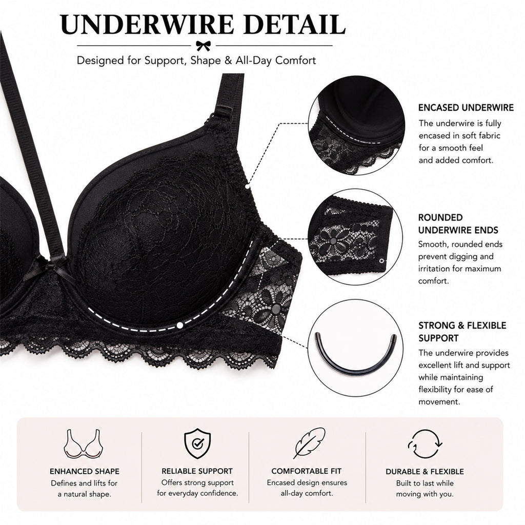 Women’s Lace Lightly Padded Underwired Bra & Mid-Rise Panty Lingerie Set – Black