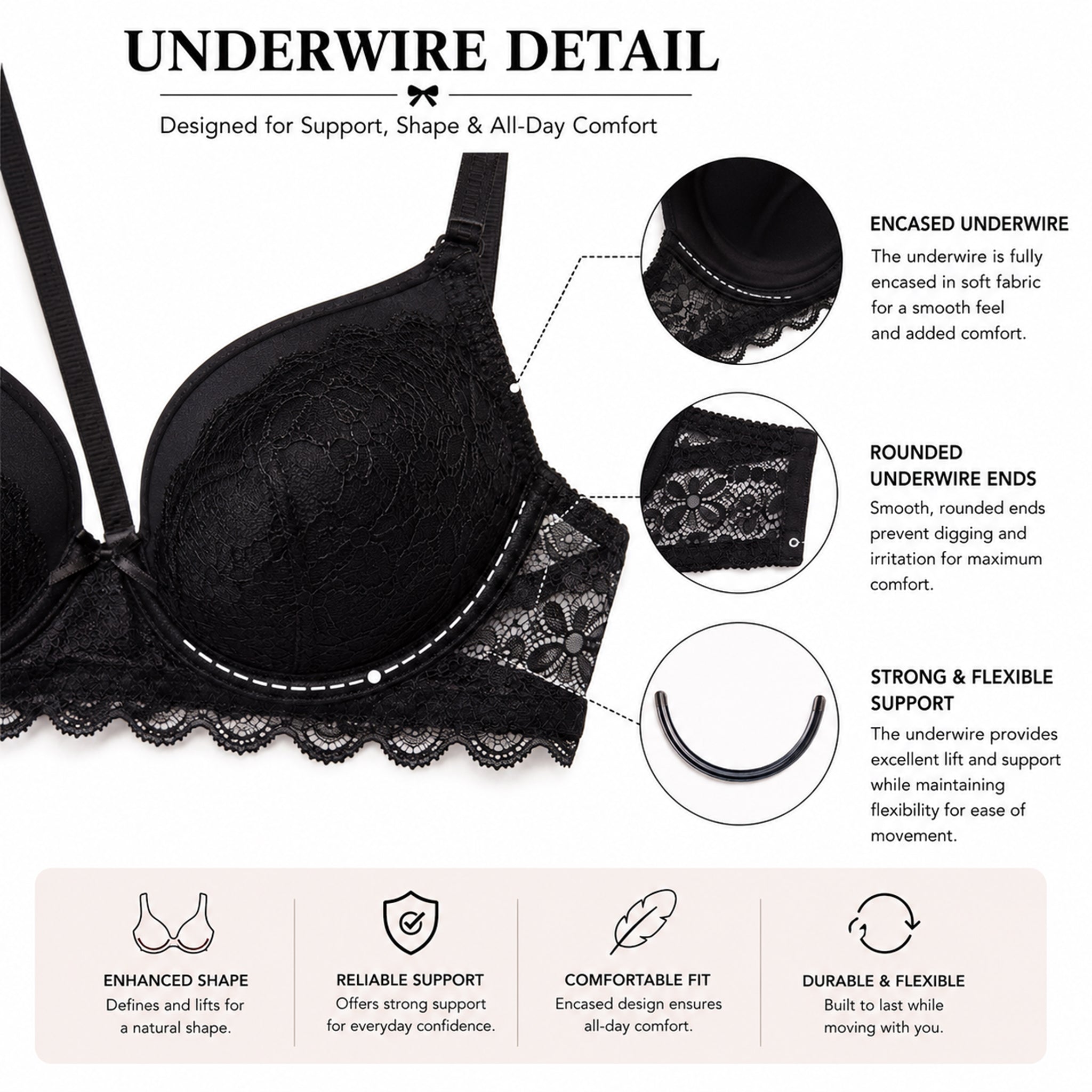 Women’s Lace Lightly Padded Underwired Bra & Mid-Rise Panty Lingerie Set – Black