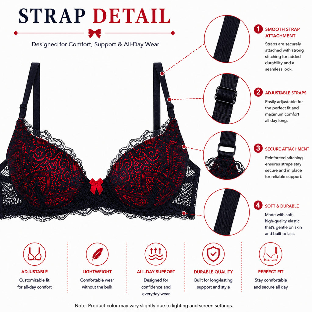 Women's Black & Berry Floral Lace Padded Underwired Bra with Comfortable Full Coverage