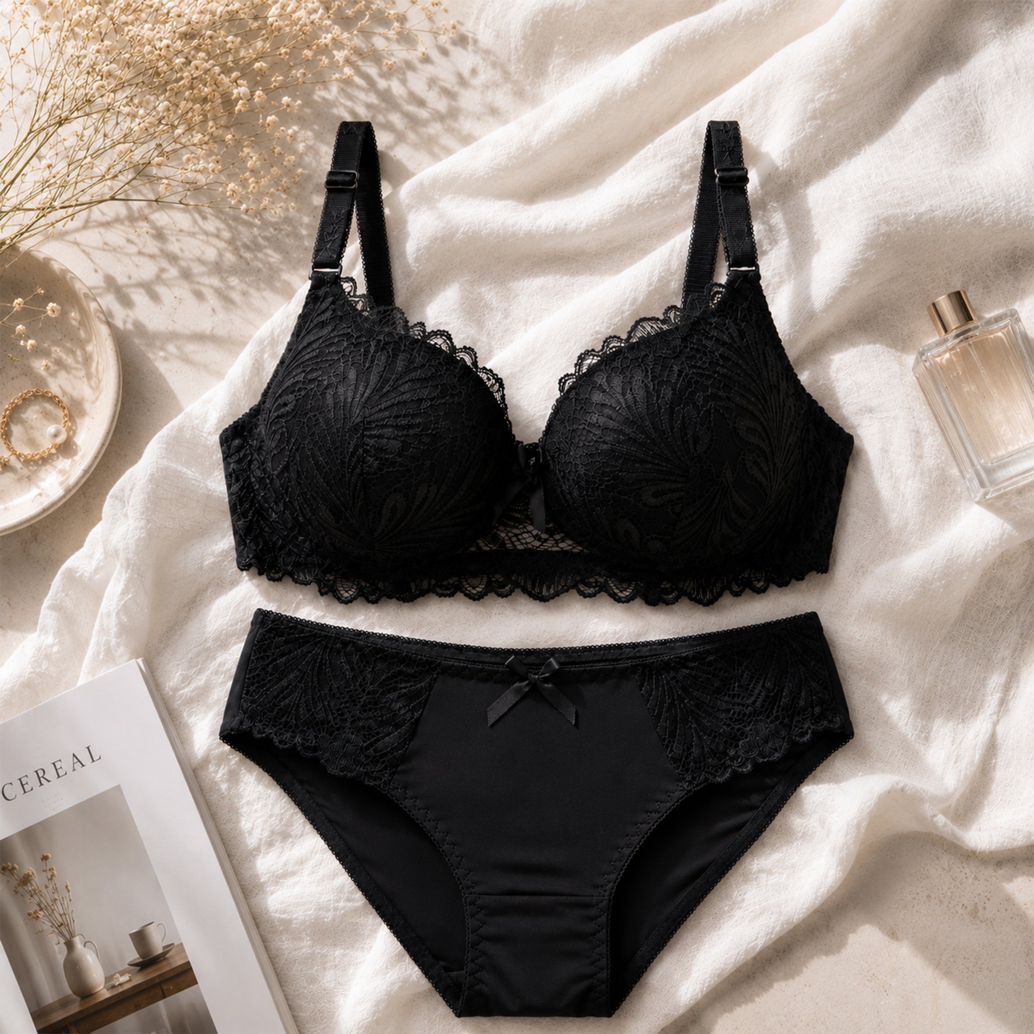 Women's Black Floral Lace Lightly Padded Underwired Bra & Panty Lingerie Set