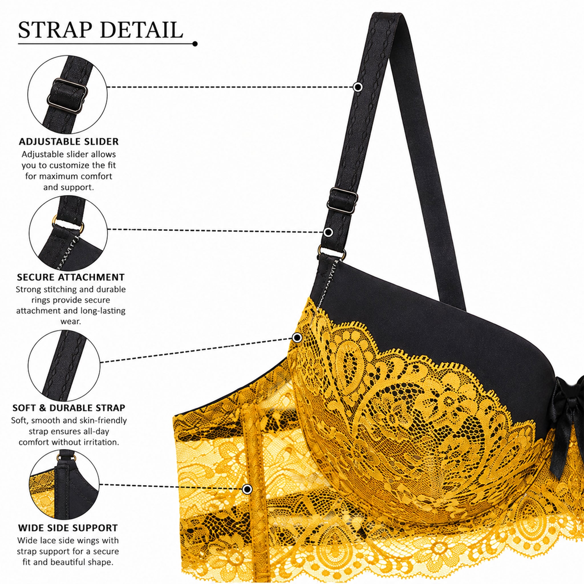 Women's Black & Yellow Floral Lace Padded Underwired Bra with Comfortable Full Coverage